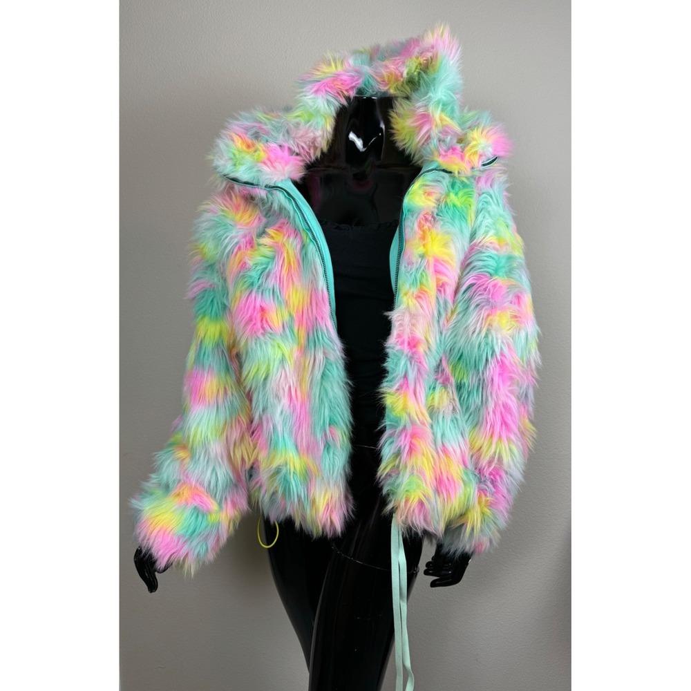 UGG Clove Faux Fur Jacket Aura XS/S NWT Rainbow Pastel Hooded Festival Coat